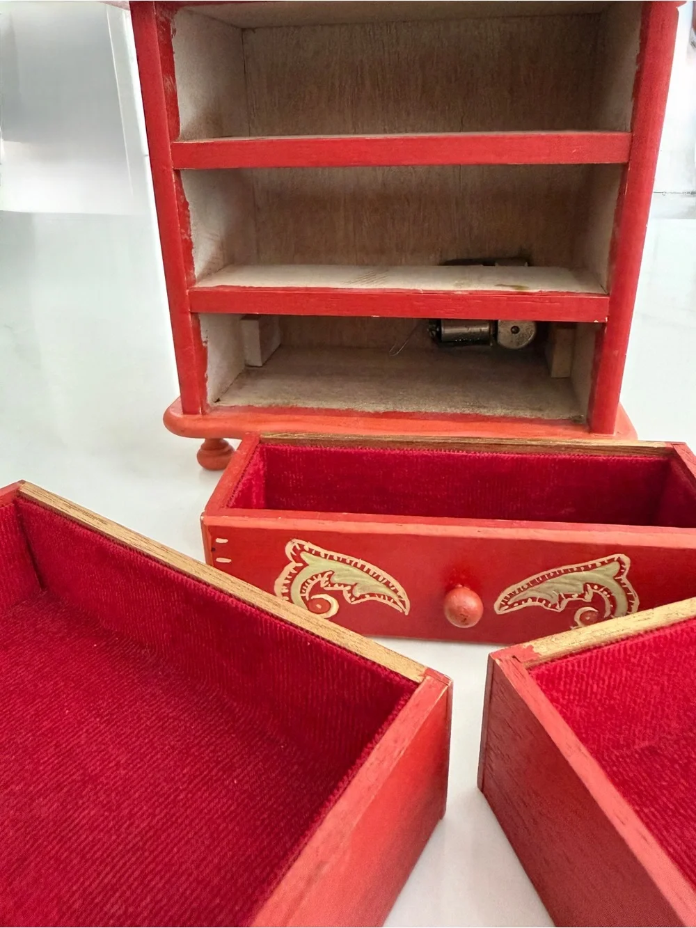 Vintage 3 Drawer Musical Jewelry Box Mini Chest orange Wooden Hand Painted 70s